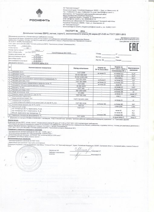 Паспорт №2014. Топливо дизельное ЕВРО, летнее, сорта С, экологического класса К5 марки ДТ-Л-К5 по ГОСТ 32511-2013